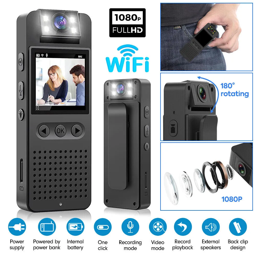 1080P WiFi HD Wearable Camera 12MP, Night Vision, 64GB SD Card