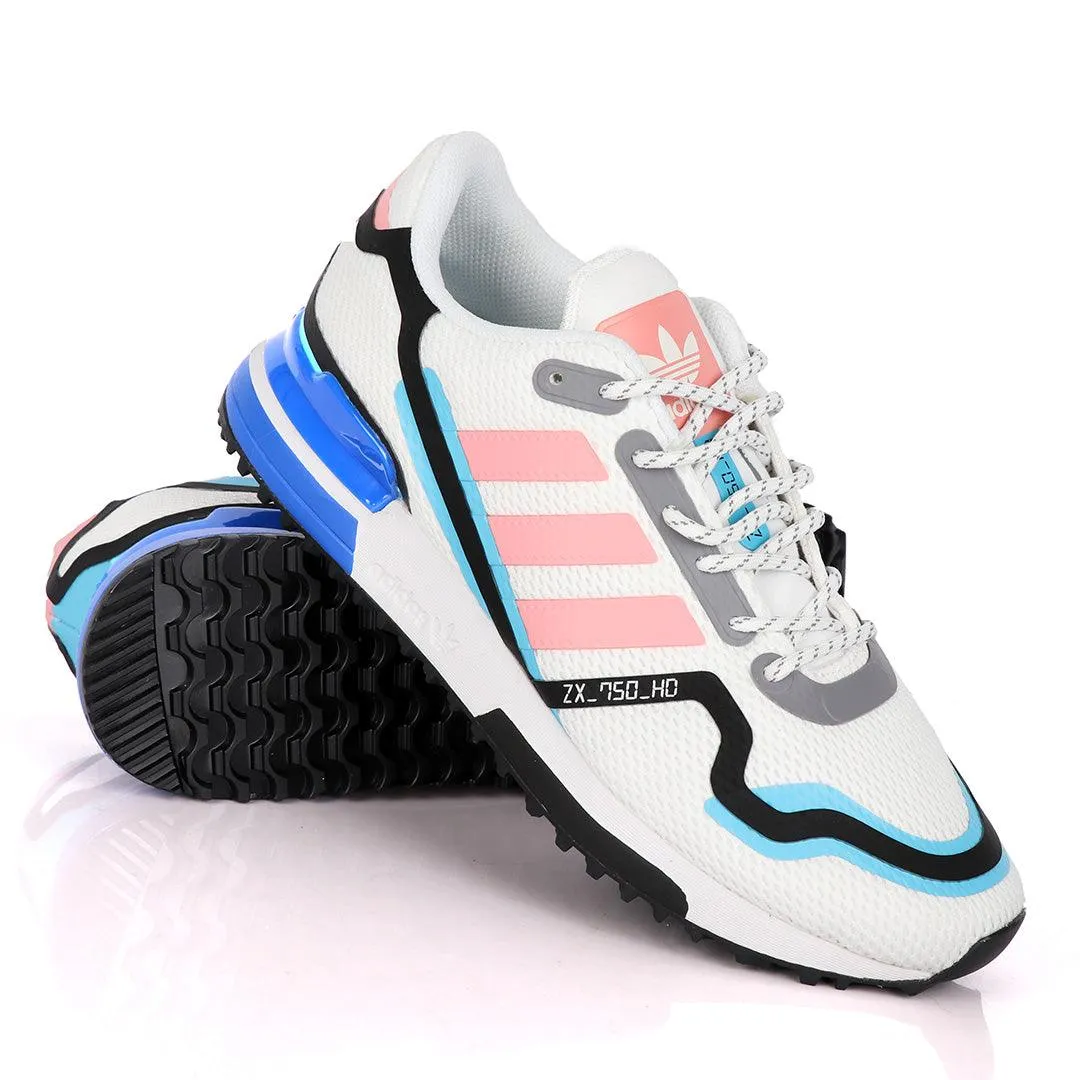 Adidas ZX 750 HD White Sneakers With Classic Peach And Royal Blue Designs