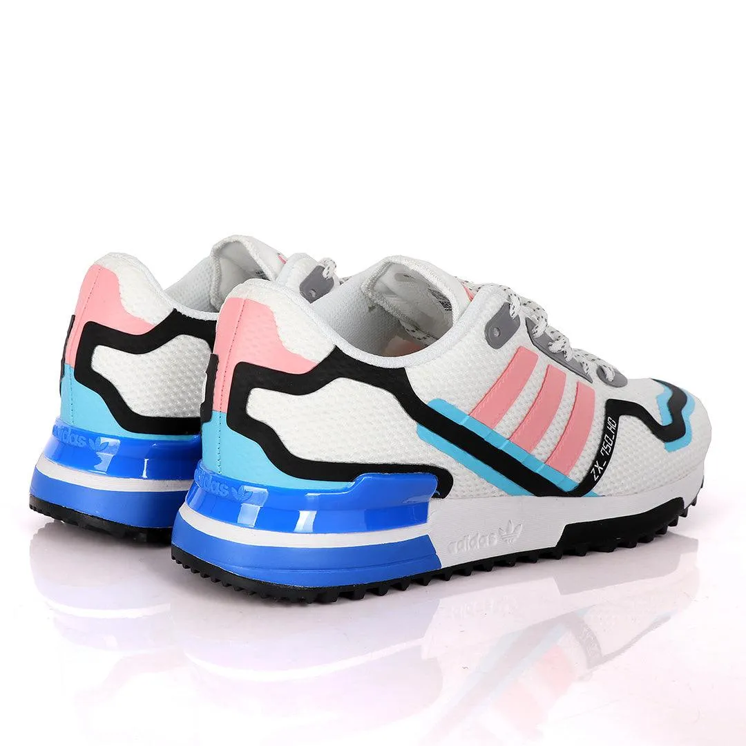 Adidas ZX 750 HD White Sneakers With Classic Peach And Royal Blue Designs