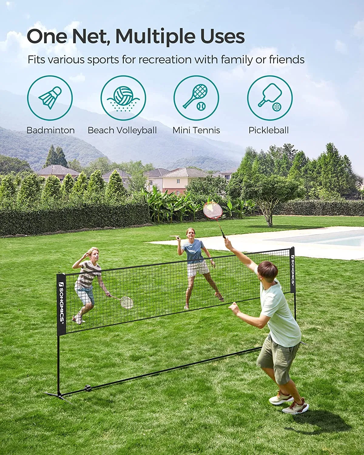 Adjustable Height Portable Badminton Tennis Net, 3m - SONGMICS