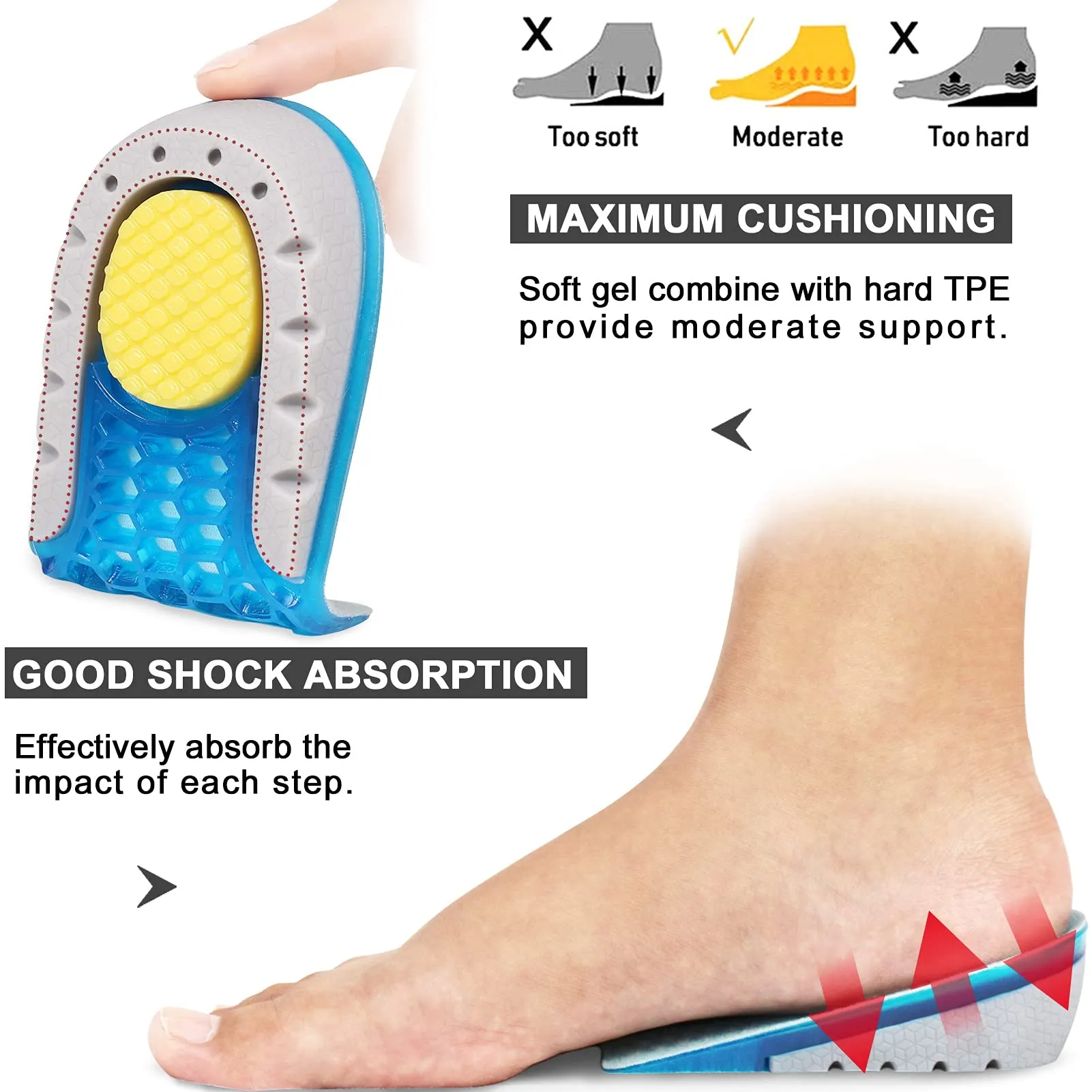 Ailaka Gel Height Increase Insoles 1 Pair, Shock Absorption Heel Cushion Pads, Height Lift Shoes Inserts for Men & Women (Heel Height: 3.5cm, One Size fits All) Heel Height: 3.5cm