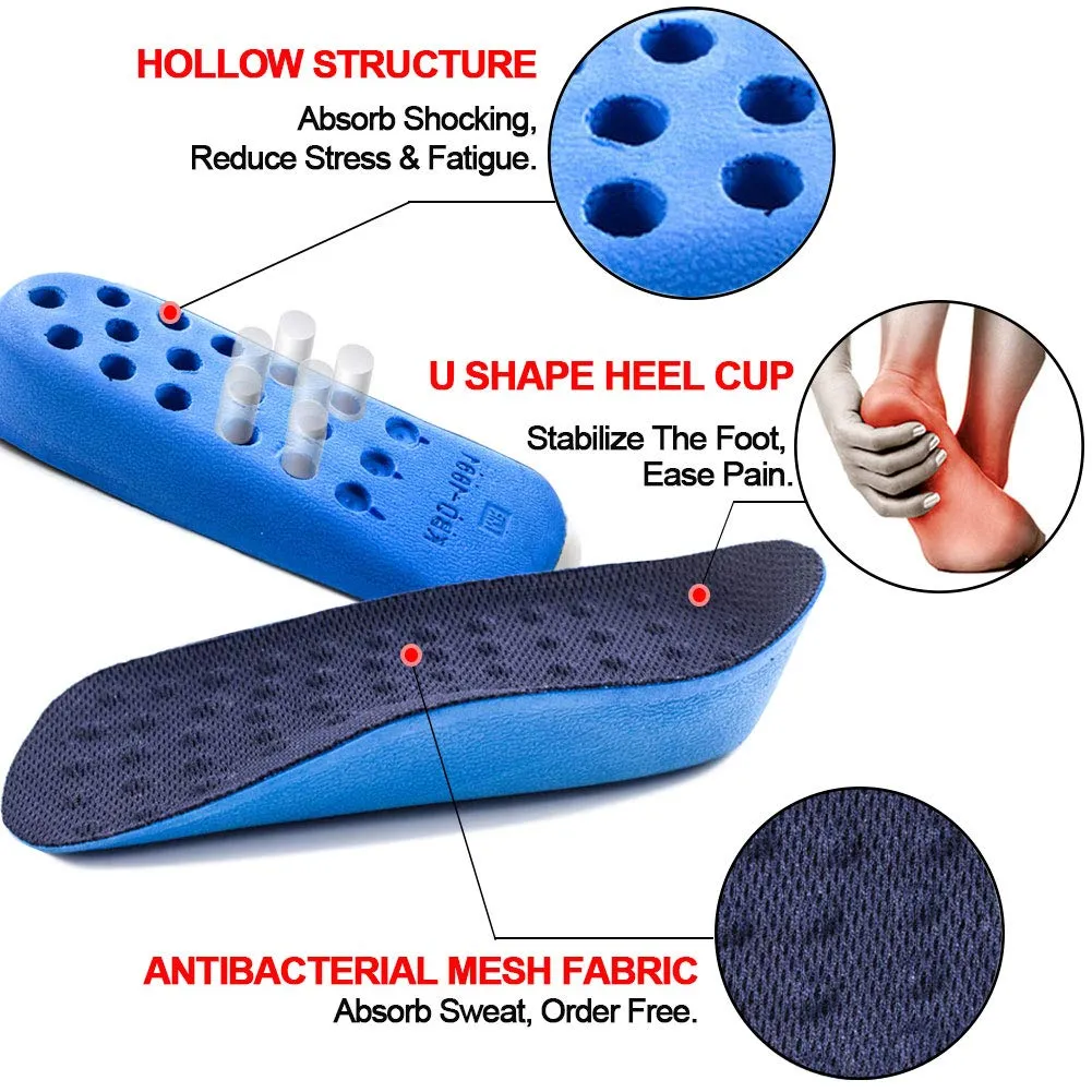 Ailaka Height Increase Insoles (Can be Worn in Socks), Arch Support Half Inserts Shock Absorption Heel Lifts Cushion Pads for Men & Women (Large) Large Blue