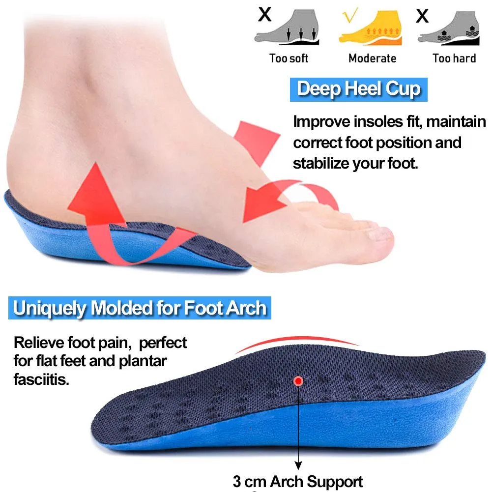 Ailaka Height Increase Insoles (Can be Worn in Socks), Arch Support Half Inserts Shock Absorption Heel Lifts Cushion Pads for Men & Women (Large) Large Blue