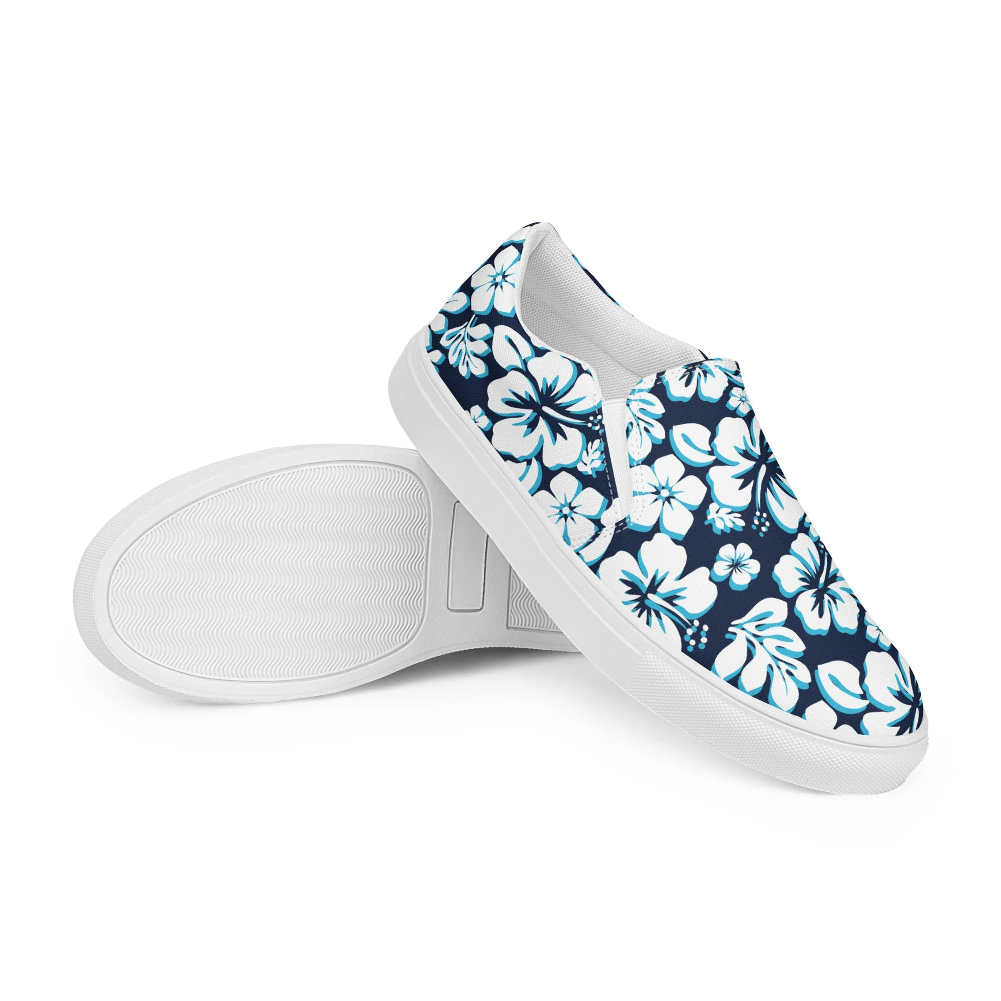 Aqua, Navy Blue and White Hawaiian Flowers Men’s Slip On Canvas Shoes