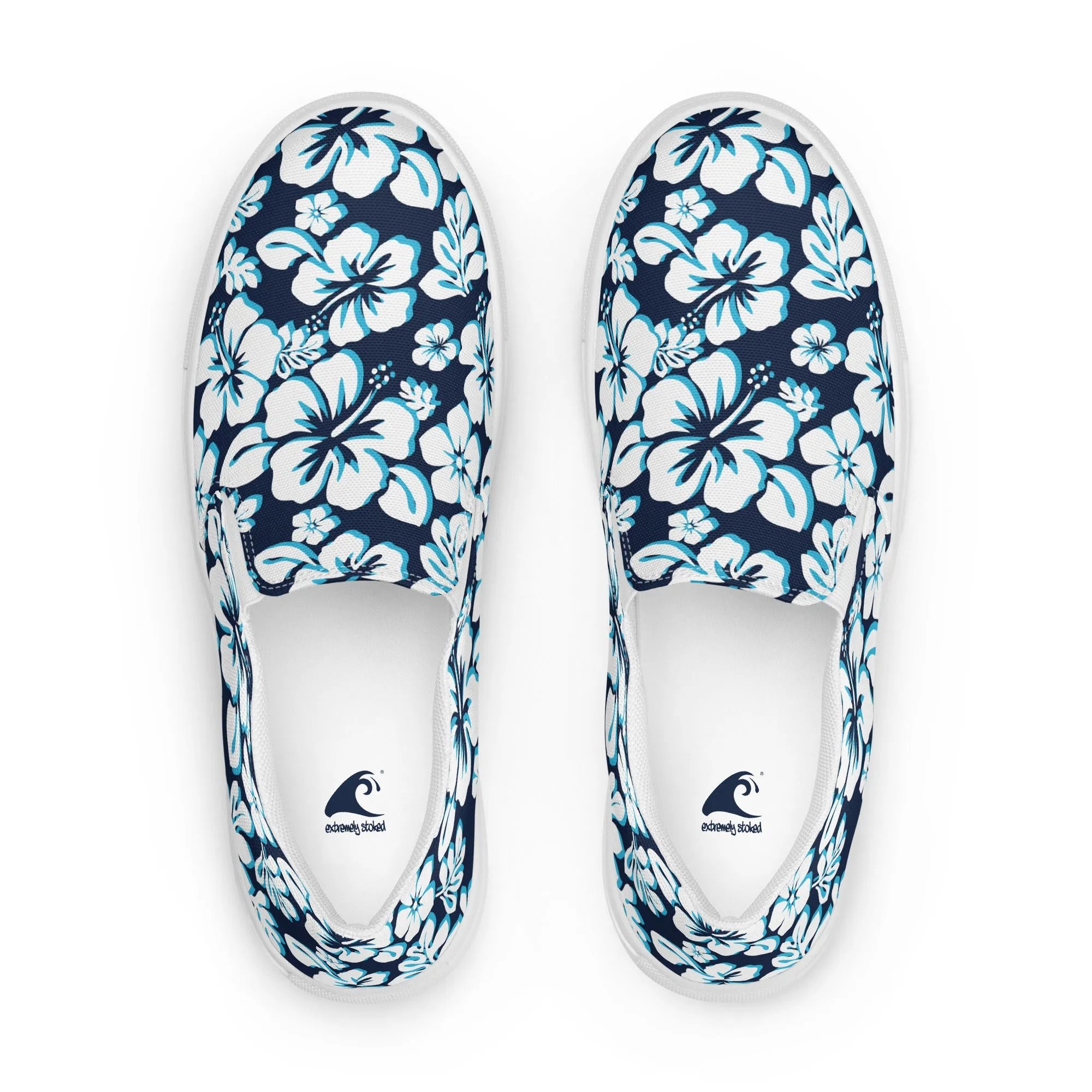 Aqua, Navy Blue and White Hawaiian Flowers Men’s Slip On Canvas Shoes