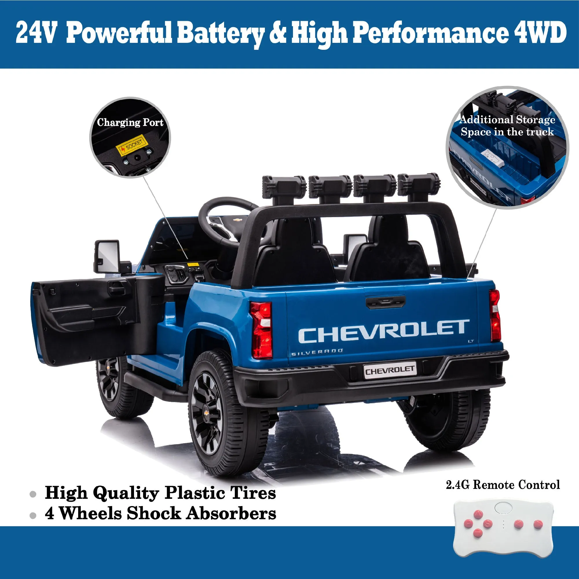 Blue Chevrolet Silverado Electric Car for Kids 2-seater with Remote lights Radio & Bluetooth