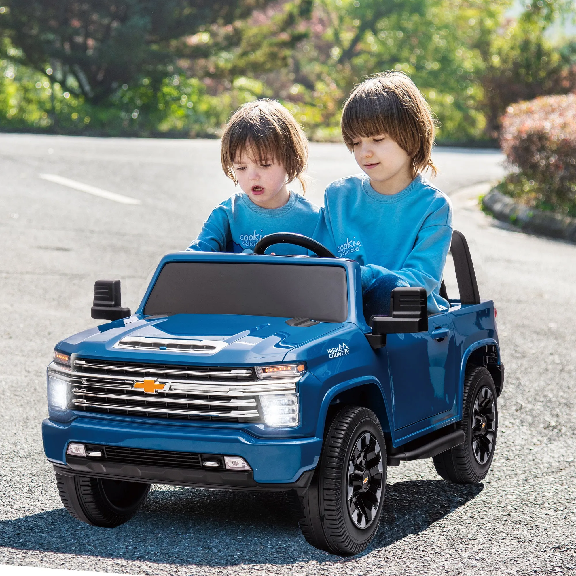 Blue Chevrolet Silverado Electric Car for Kids 2-seater with Remote lights Radio & Bluetooth