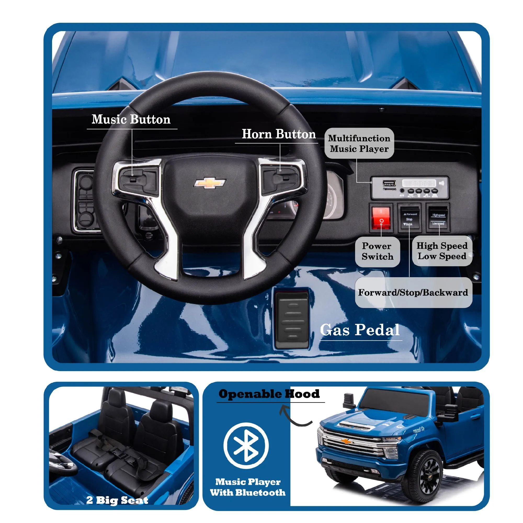 Blue Chevrolet Silverado Electric Car for Kids 2-seater with Remote lights Radio & Bluetooth