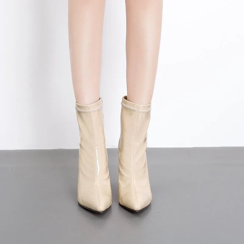 Chunky Heeled Sleeve Patent Leather Short Boots