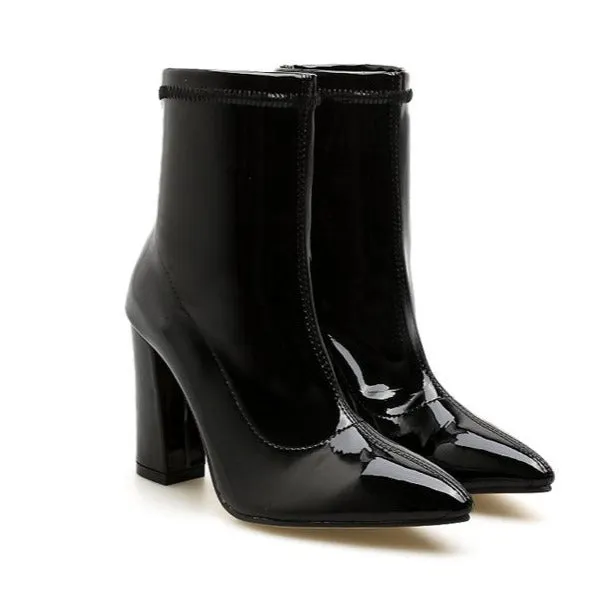 Chunky Heeled Sleeve Patent Leather Short Boots