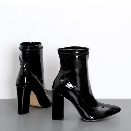 Chunky Heeled Sleeve Patent Leather Short Boots