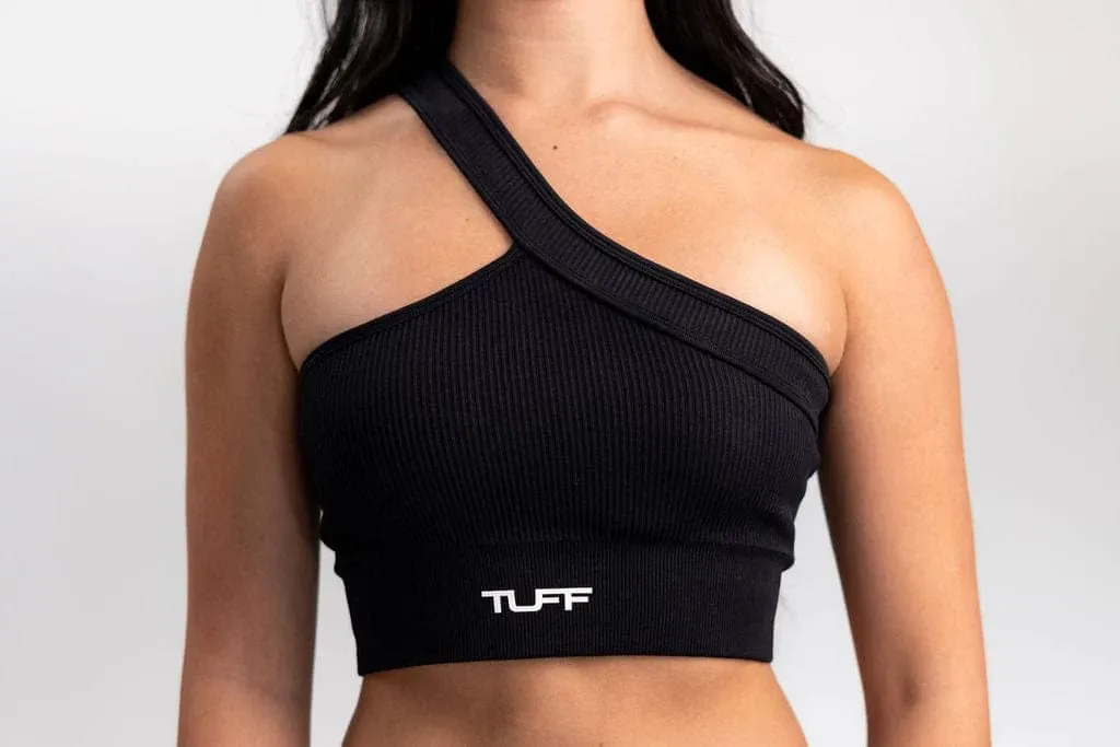 Classic Ribbed One Shoulder Sports Bra - Black