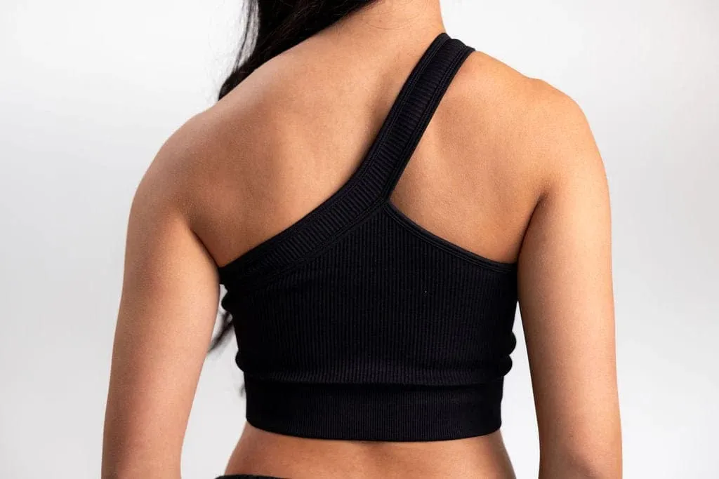 Classic Ribbed One Shoulder Sports Bra - Black