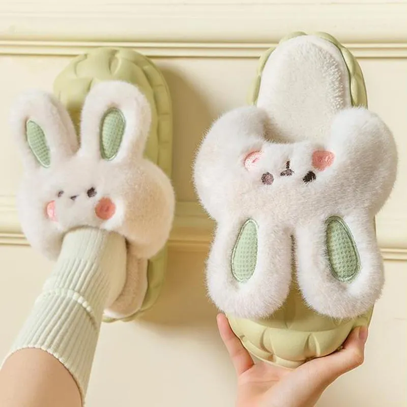 Cute Rabbit Shoes Winter Fuzzy Slippers Women Detachable Washable House Shoes