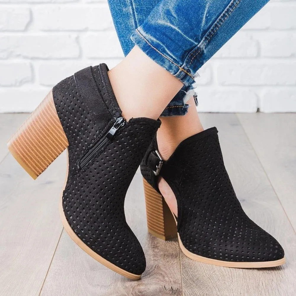 Cutout Buckle Design Thick Heeled Ankle Boots