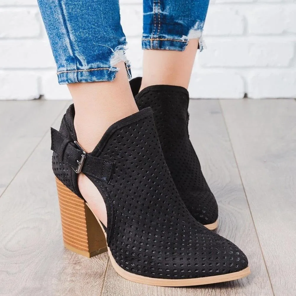 Cutout Buckle Design Thick Heeled Ankle Boots