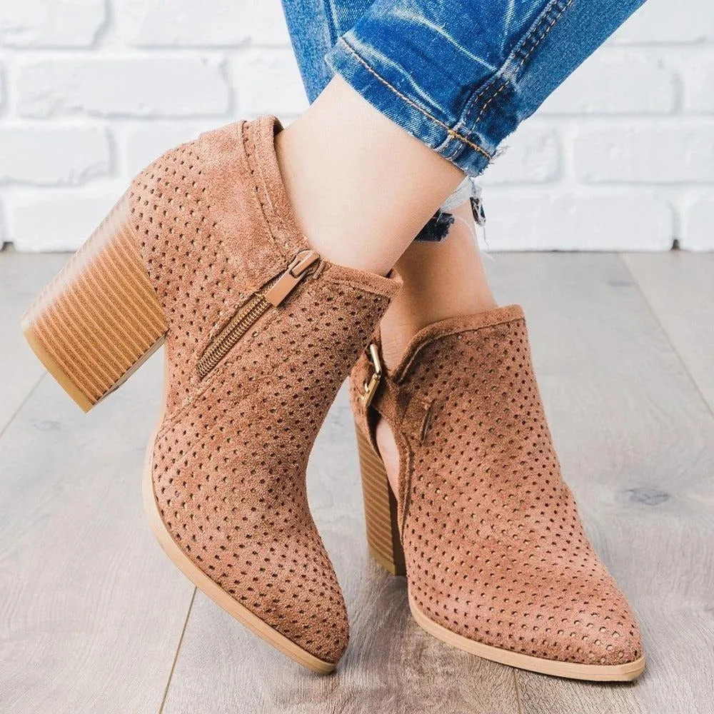 Cutout Buckle Design Thick Heeled Ankle Boots