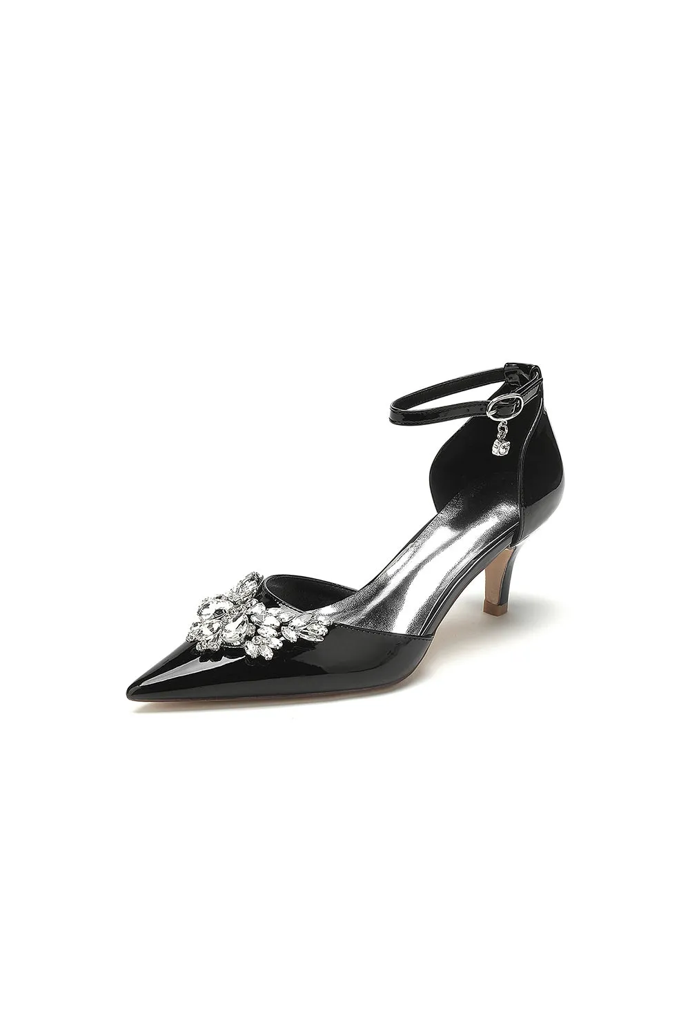 Elegant Black Patent Leather High Heels with Large Crystal Embellishment