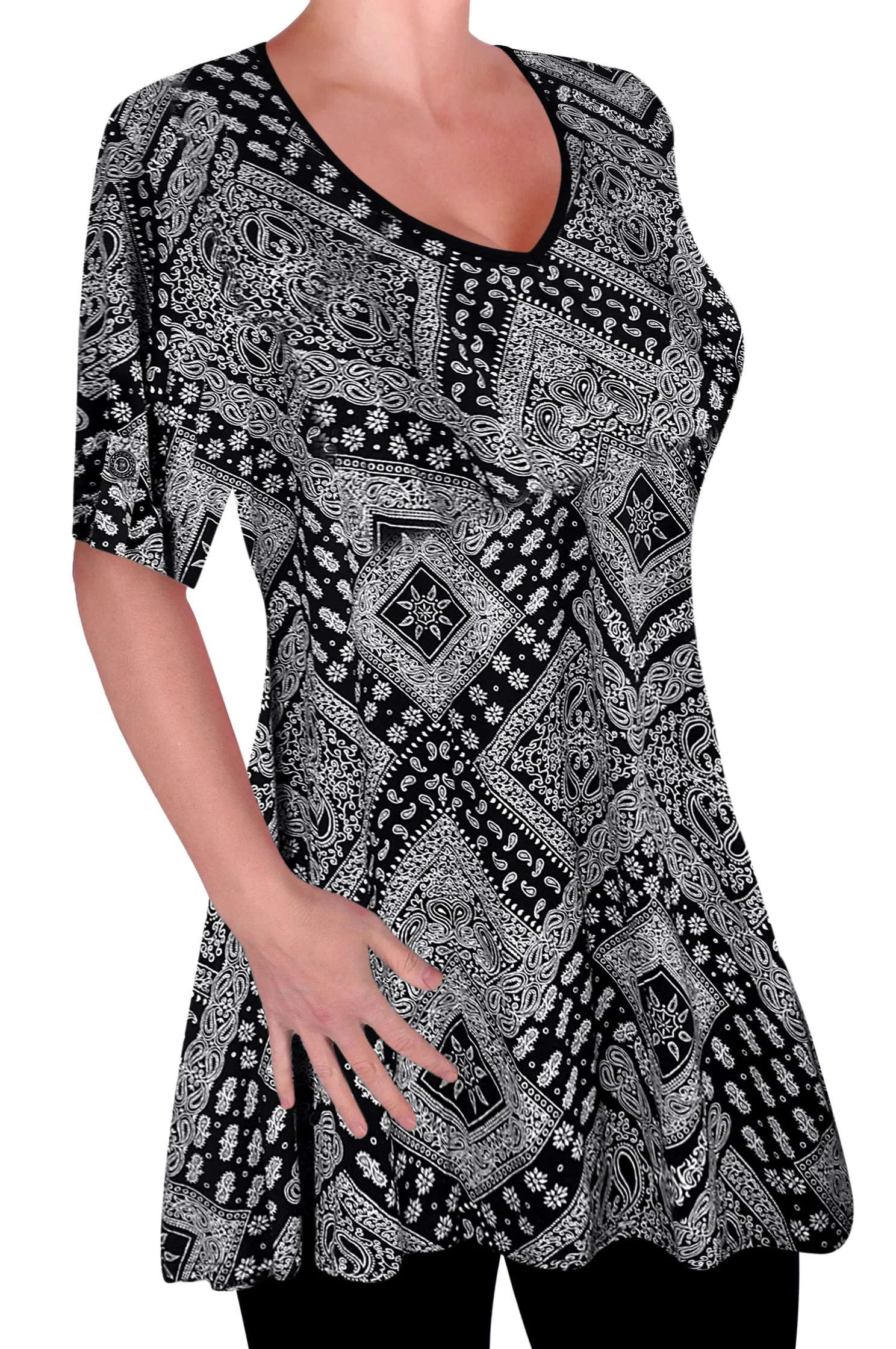 EyeCatch - Womens Print V Neck Blouse  Tunic Ladies Swing Flared T-Shirt Top