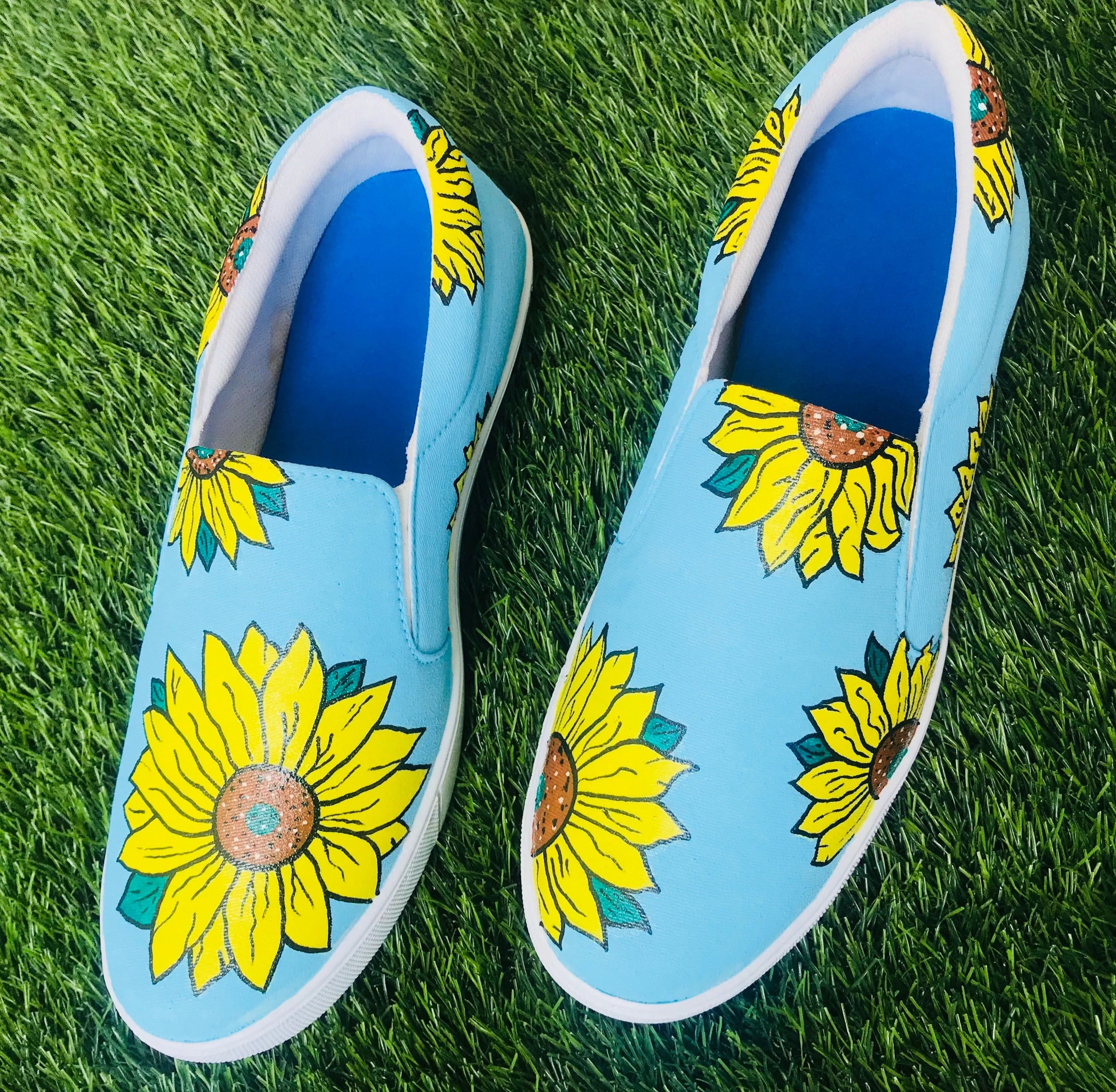 Funky N Trendy hand painted water resistant Sunflower slip on shoes/ handpainted shoes/ women shoes / funky shoes/ blue shoes / funky handpainted shoes