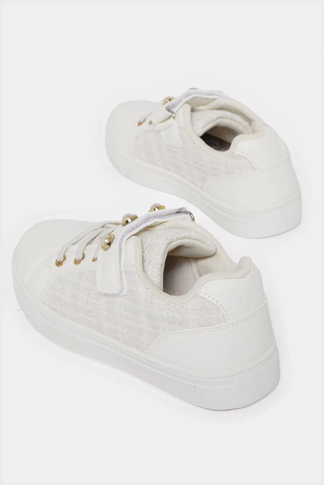 Girls White Pearl Velcro Sneaker