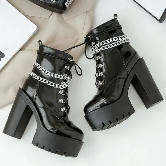 Halloween High Heeled Waterproof Platform Patent Leather Chain Boots