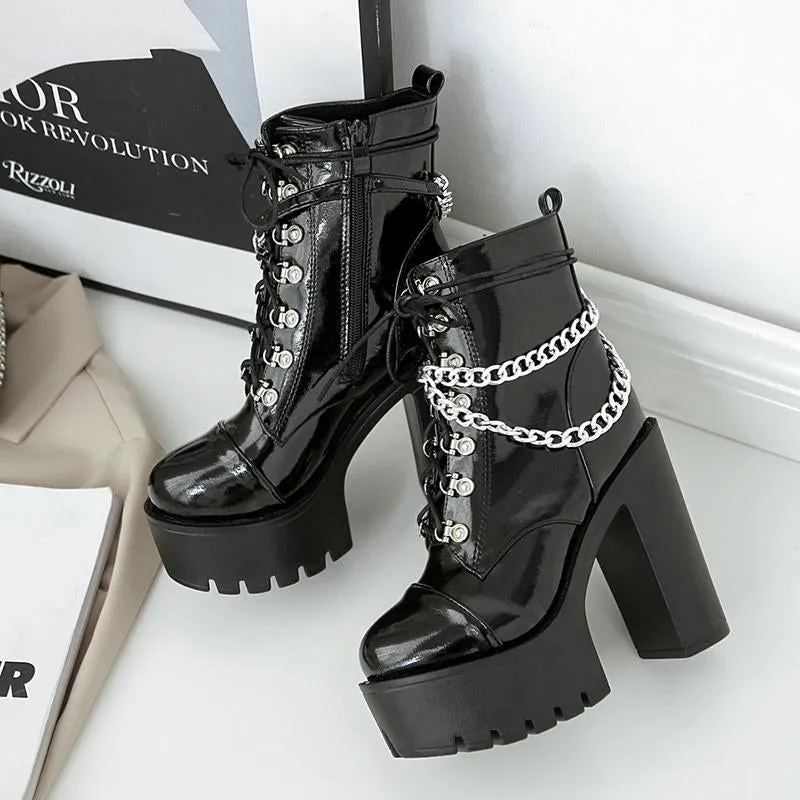 Halloween High Heeled Waterproof Platform Patent Leather Chain Boots