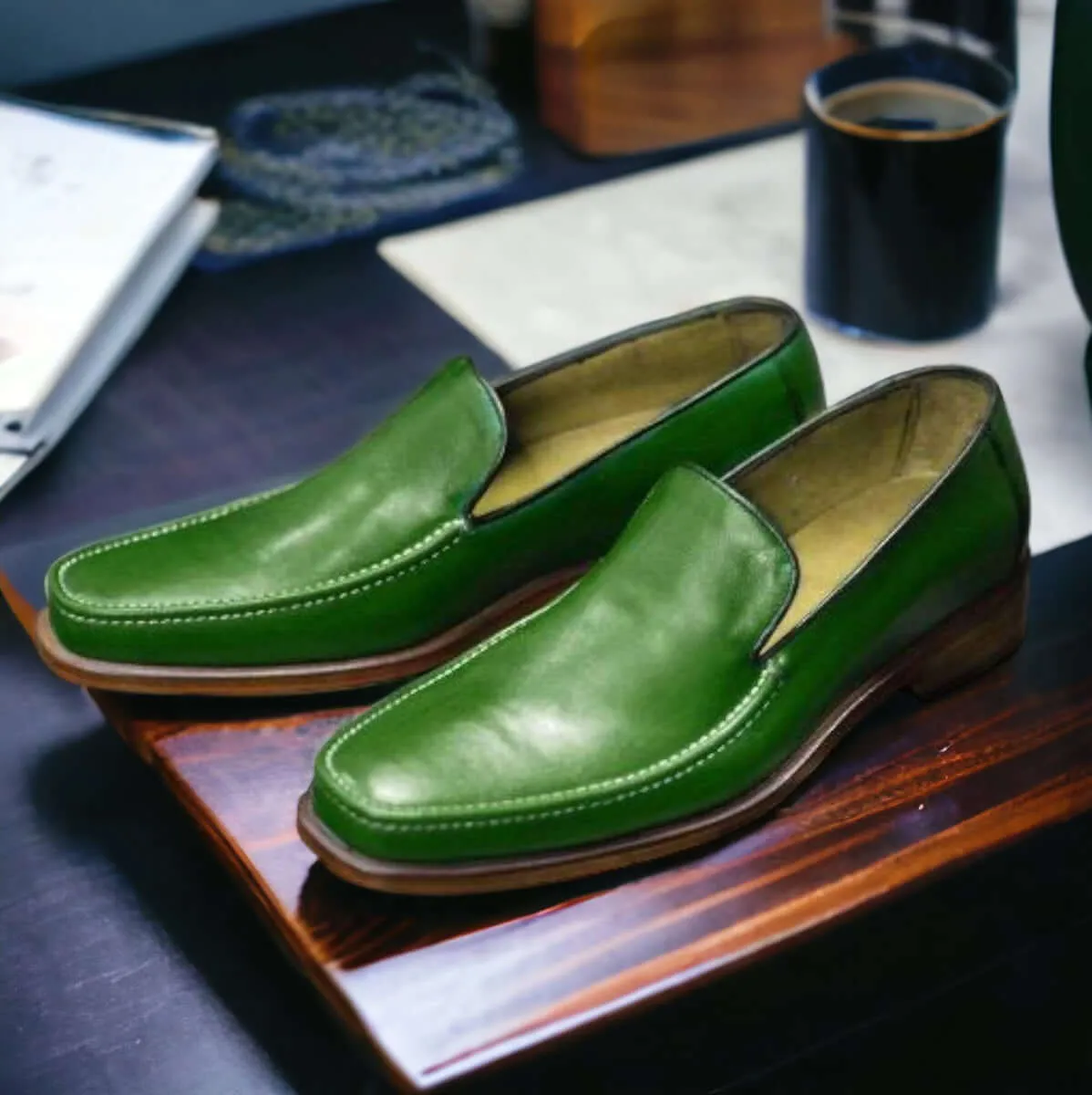 Handmade Green Leather Loafers For Men's