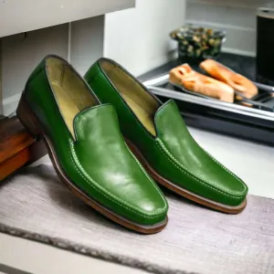 Handmade Green Leather Loafers For Men's