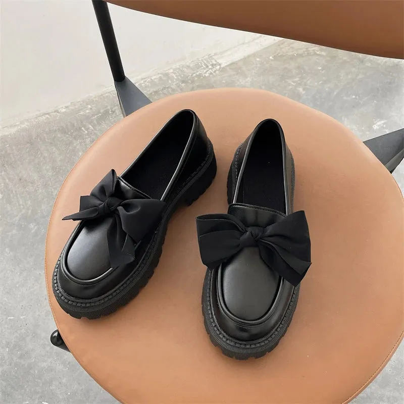 Hnzxzm Women Flat Shoes Bow Leather Shoes Ladies 2024 New Autumn Thick Heel Loafers Woman Fashion Comfortable Work Shoes