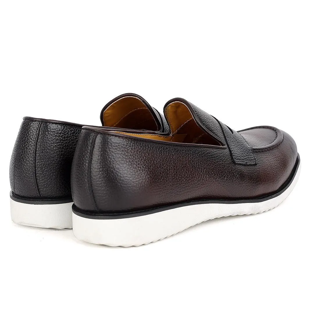 John Mendson Classic Coffee Leather Shoe With White Solid Sole