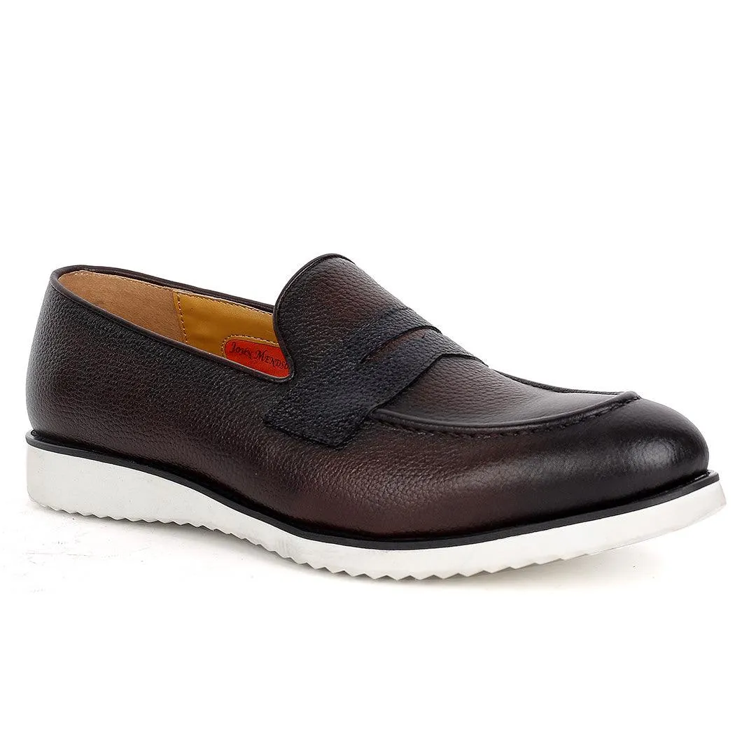 John Mendson Classic Coffee Leather Shoe With White Solid Sole