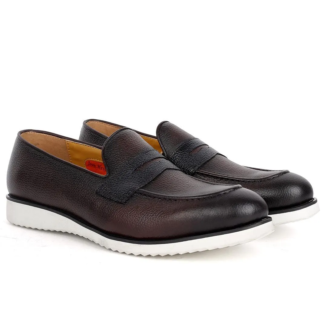 John Mendson Classic Coffee Leather Shoe With White Solid Sole