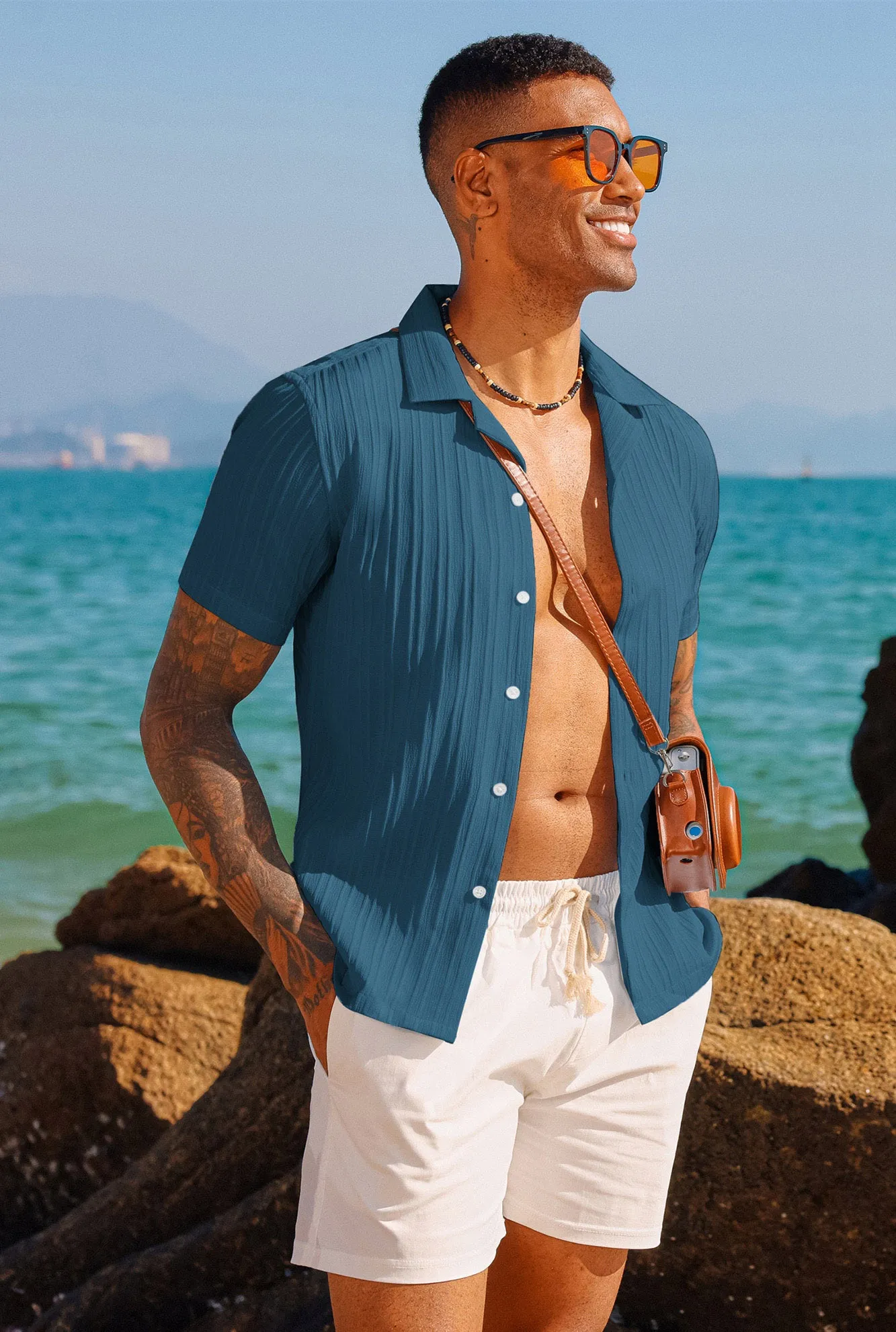 Men's Casual Button Down Shirts Short Sleeve Summer Shirts Wrinkle-Free Shirts Textured Beach Shirts