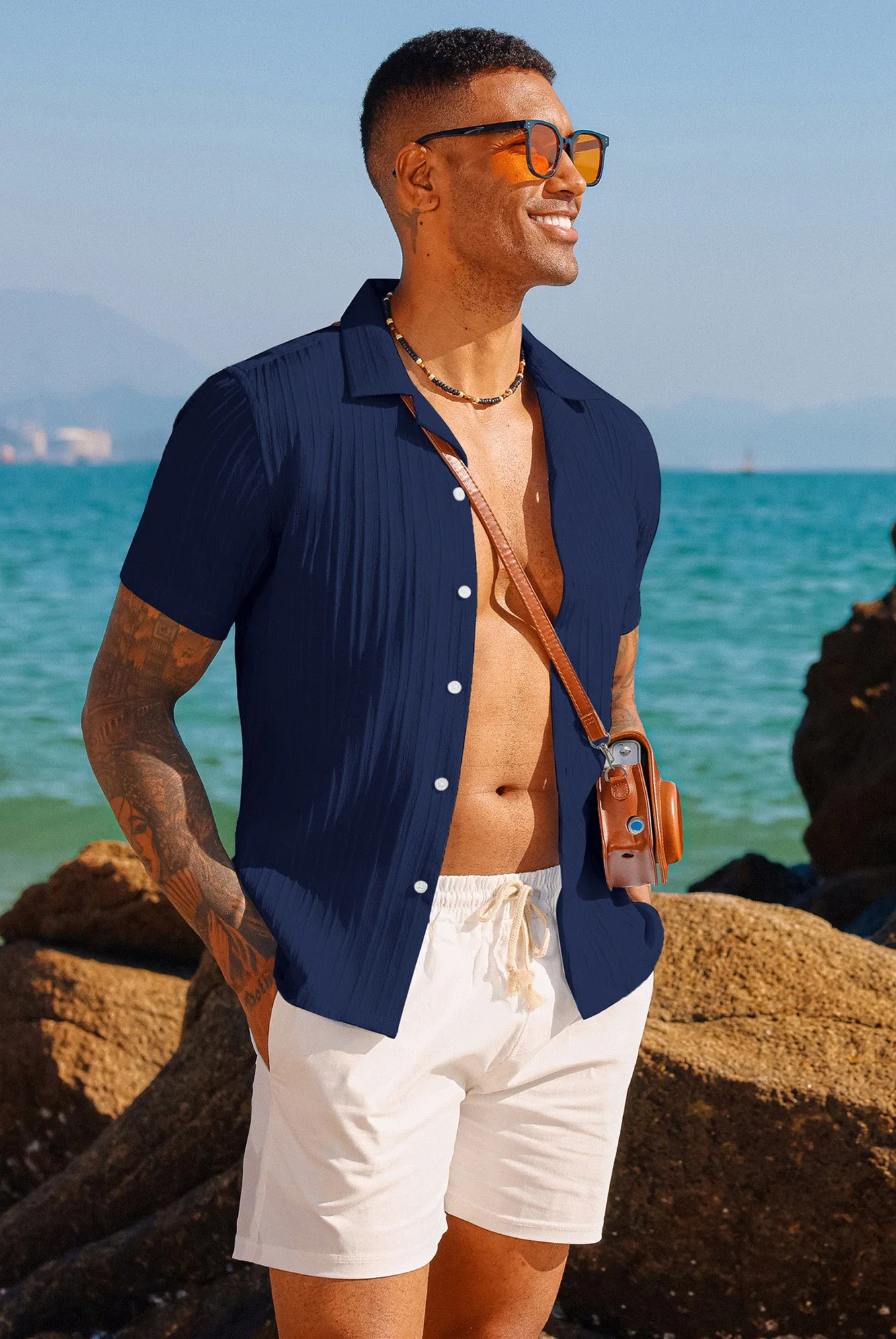 Men's Casual Button Down Shirts Short Sleeve Summer Shirts Wrinkle-Free Shirts Textured Beach Shirts