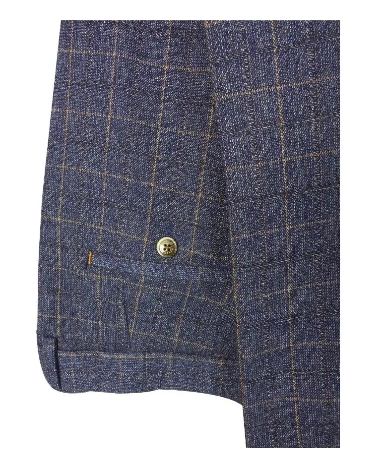 Men's Slim Fit Check Tweed Trousers - MATTEO - Blue