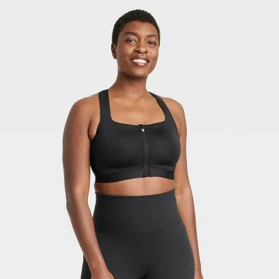 New - Women's High Support Sculpt Zip-Front Sports Bra - All in Motion Black 38D