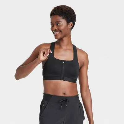 New - Women's High Support Sculpt Zip-Front Sports Bra - All in Motion Black 38D