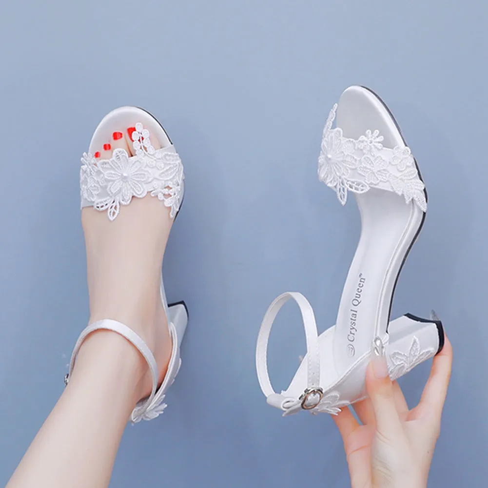 Open Toe Lace Flowers Ankle-Strap High Heels