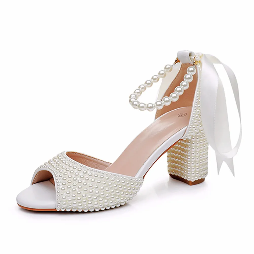 Peep Toe Ribbons Beaded Ankle-Strap Wedding Shoes