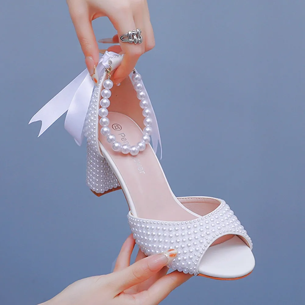 Peep Toe Ribbons Beaded Ankle-Strap Wedding Shoes