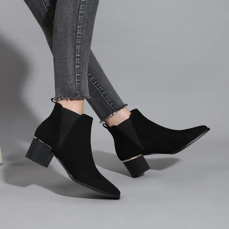 Pointed Toe Heel Chelsea Ankle Boots Chelsea Chunky Low-heel Boots