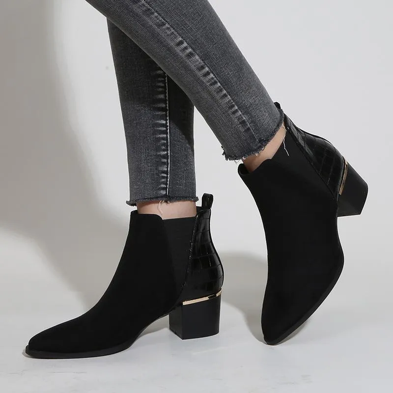 Pointed Toe Heel Chelsea Ankle Boots Chelsea Chunky Low-heel Boots