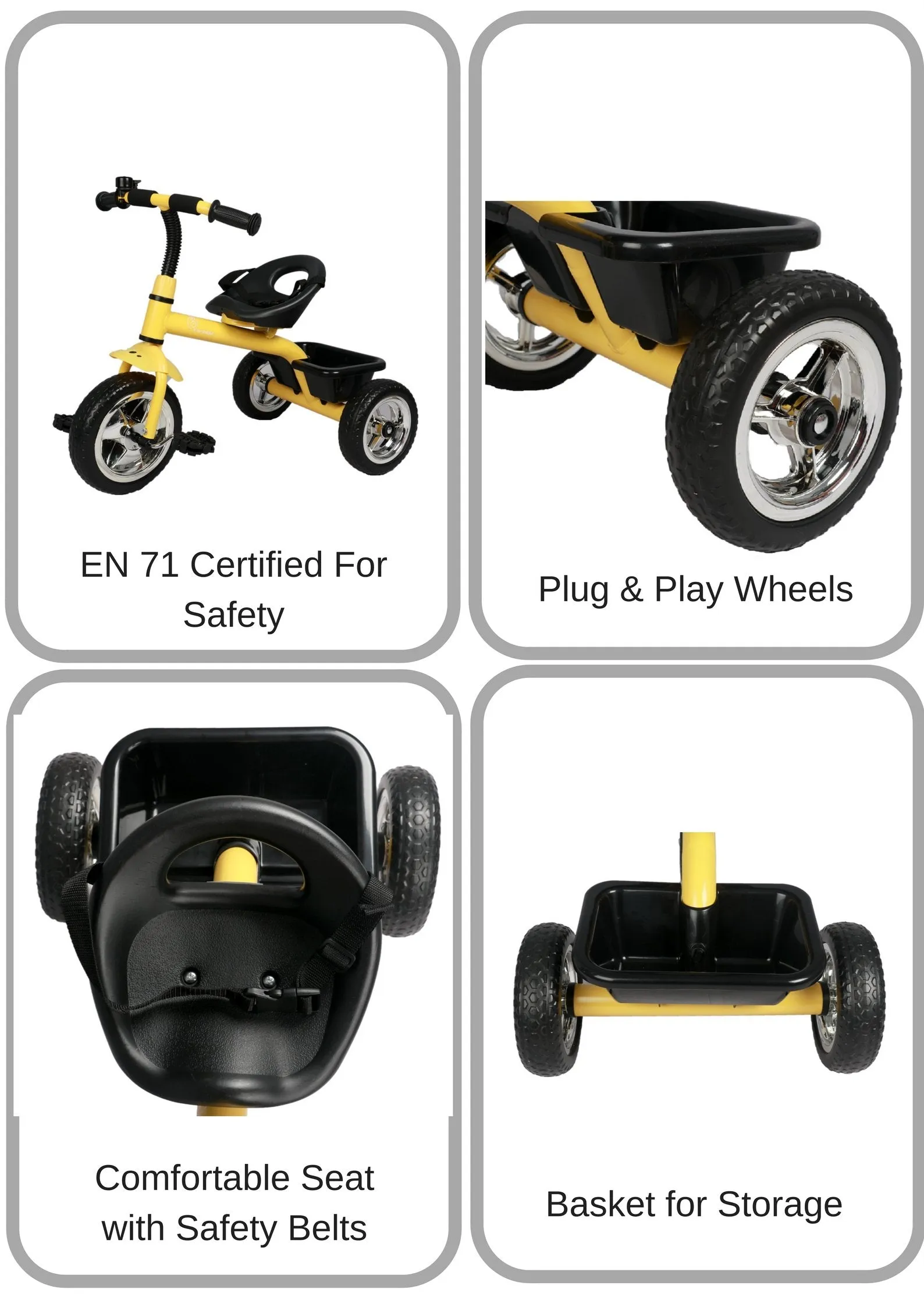 R for Rabbit Tiny Toes Tricycle for Kids of 1.5 to 5 Years with Storage Basket, Bell and Seat Belt (Yellow)