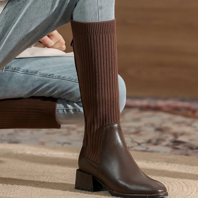 Square Toe chunky heeled long sock boots