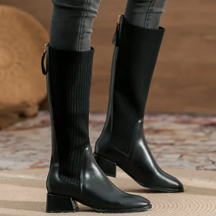 Square Toe chunky heeled long sock boots