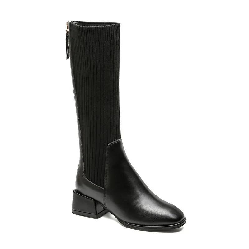 Square Toe chunky heeled long sock boots