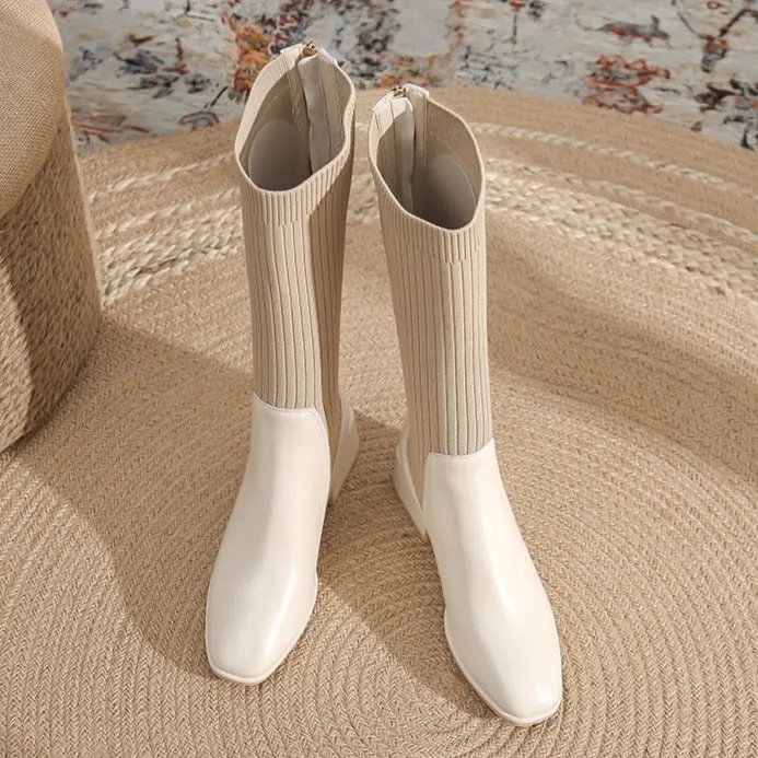 Square Toe chunky heeled long sock boots