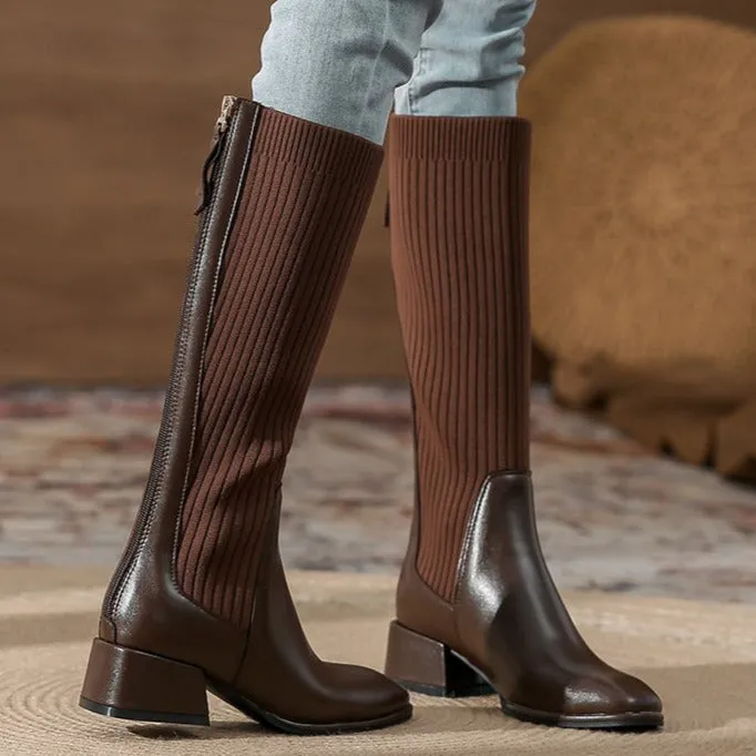 Square Toe chunky heeled long sock boots