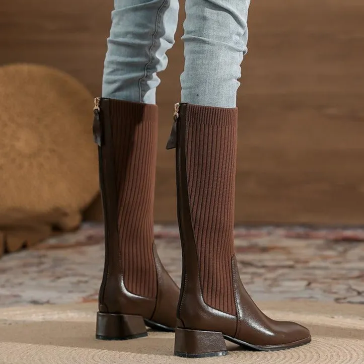 Square Toe chunky heeled long sock boots